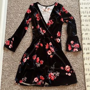 Black quarter sleeve velvet dress with pink floral pattern